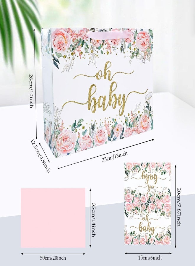 MUNILAIL 13 Inches Baby Girl Gift Bag for Baby Shower Floral Gift Bag with Handle Tissue Paper and Greeting Card for Baby Shower Birthday Party - Image 2